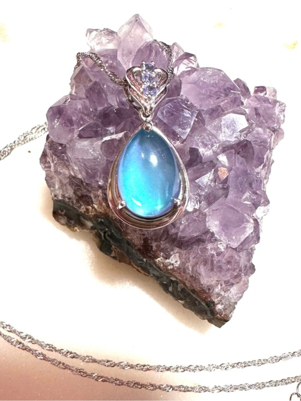 Aurora Moonstone with Blue Tanzanite Sterling Silver Pendant with Chain Necklace